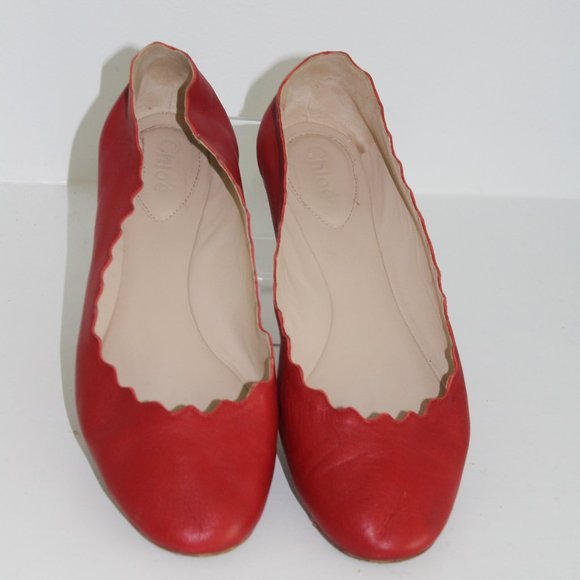 Chloe Lauren Scalloped Leather Ballet Flats, Red Leather Shoes sz 37 7 - Picture 3 of 7